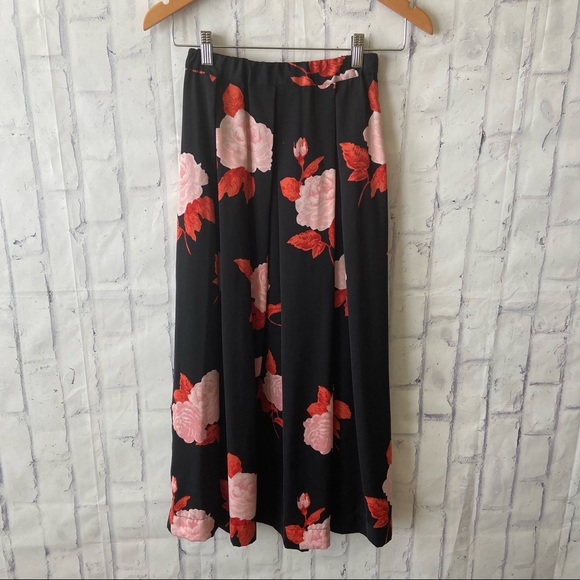 Who What Wear Black Silk Midi Skirt Red Pink Rose Floral Print Valentine - Picture 6 of 6